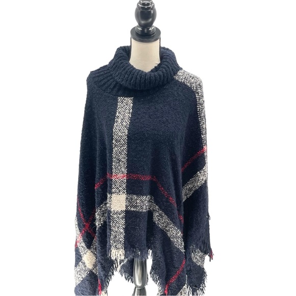 Plaid Navy Poncho Fringe Turtleneck Sweater - Picture 6 of 7